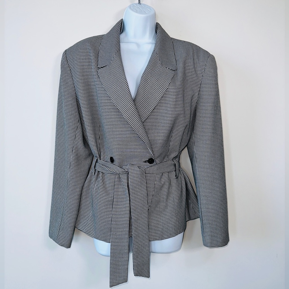Beautiful Vintage Belted Houndstooth Double Breasted Blazer Jacket Size 12